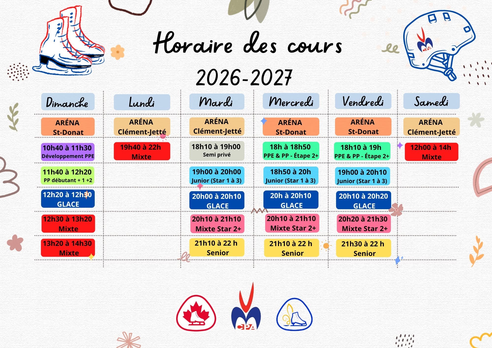 Horaire des cours du CPA Ville-Marie pour la saison 2026-2027