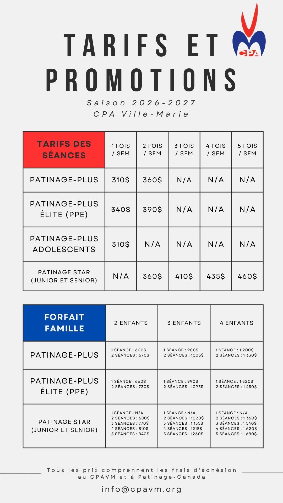 Tarifs et promotions du CPA Ville-Marie pour la saison 2026-2027